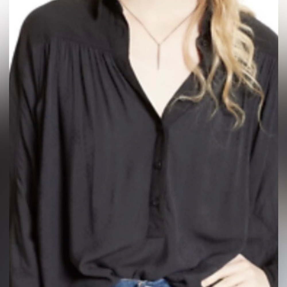 Free People Black Button-Front Long Sleeve Blouse